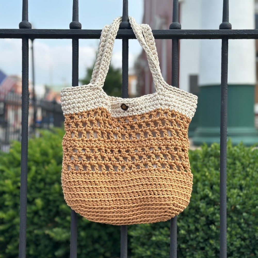 Crochet Market Bag White & Tan Handmade